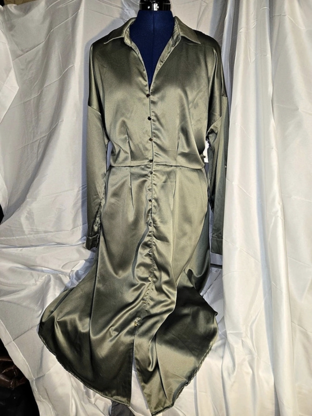French Connection Long Shirt Dress Satin Maxi Dress Green XXL